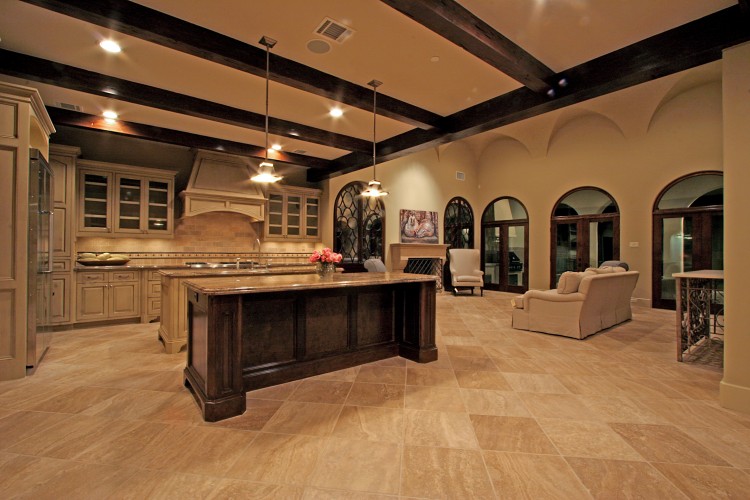 Bellaire Showcase Home 2007 by Watermark Builders kitchen with dual island custom hardwood beams 3