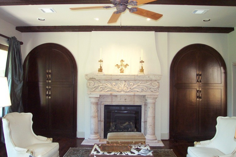 Bellaire custom home Showcase 2003 family room hand-carved fireplace mantle by Watermark Builders